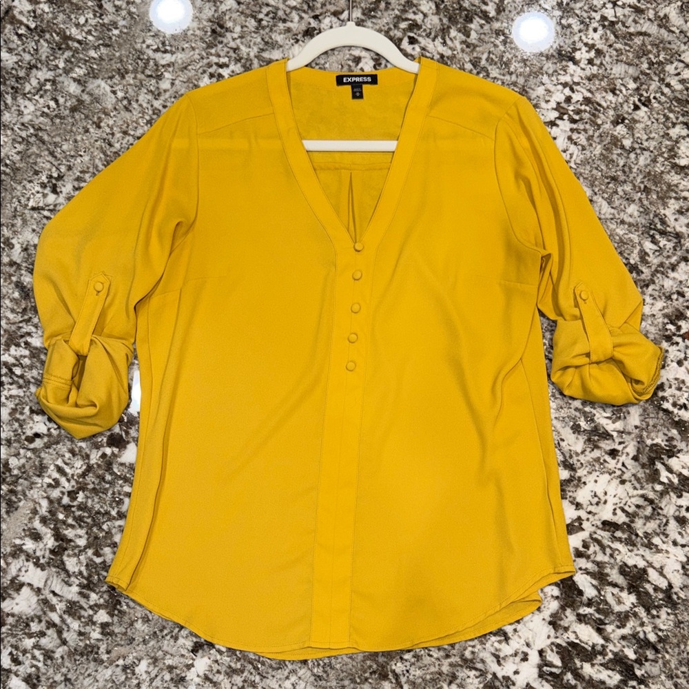 Express Women's Bright Mustard V-Neck Button-Front Blouse